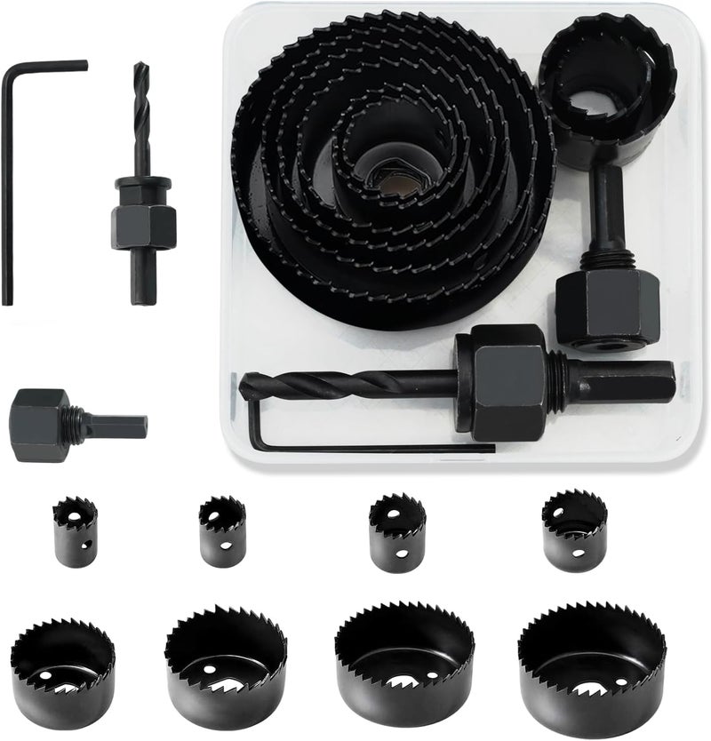 pulwury طقم مناشير ثقب 11 قطعة 3/4"-2-1/2" شفرات منشار، أعمدة، بتات حفر، مفتاح سداسي مع صندوق تخزين، مثالي للأخشاب اللينة، الخشب الرقائقي، حفر الجدران الجافة، لوح PVC (أسود) - Image 1